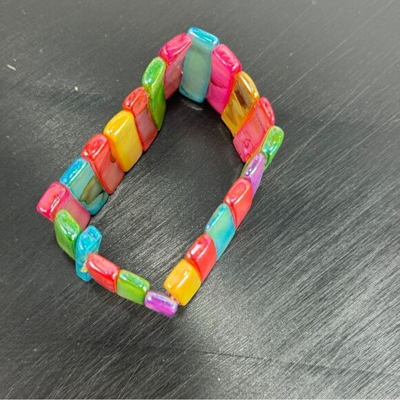 Mother Of Pearl Abalone Luster Seashell Elastic Stretch Cuff Bracelet Rainbow - Picture 8 of 9